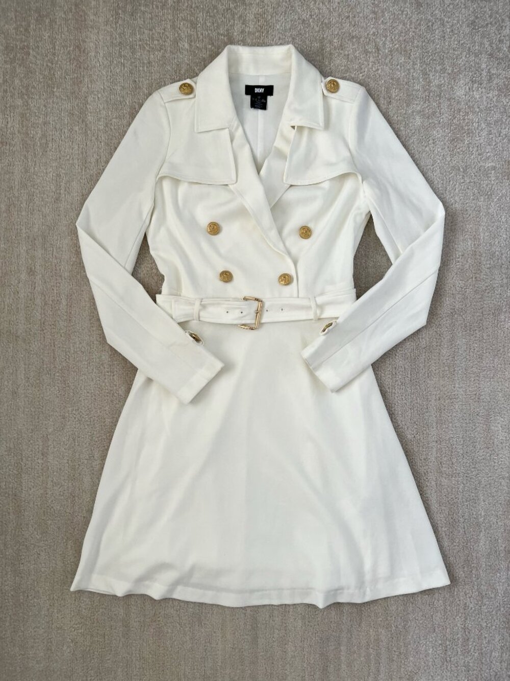 DKNY Ivory Double Breasted Trench Knit Dress 2 Belted